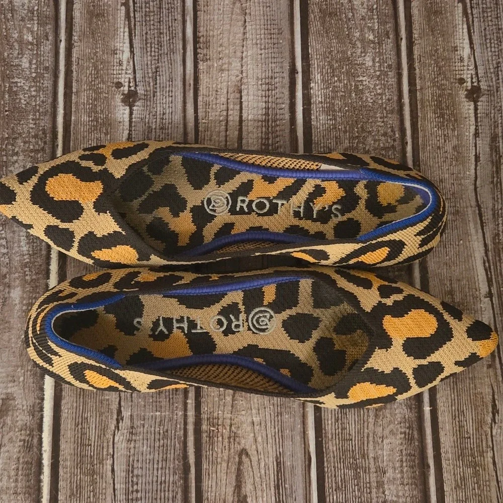 Sz 7 Rothy's The Point Big Cat Leopard Print Brown Tan Knit Flats Shoes VGUC!
